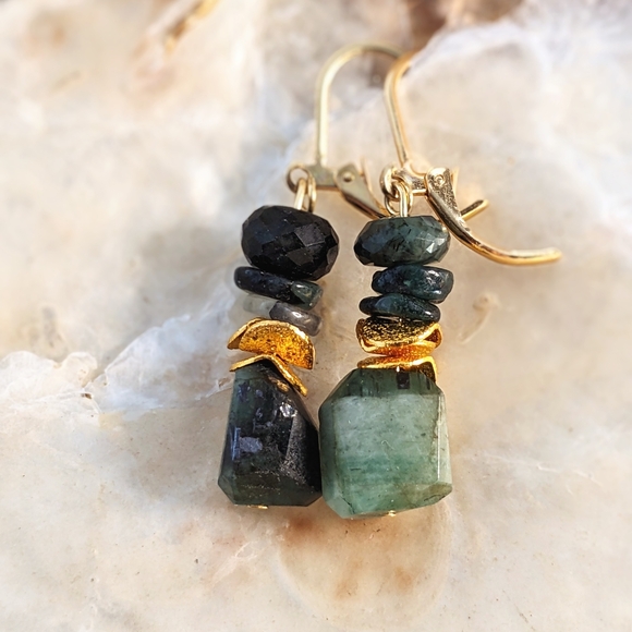 Natural and Genuine Green Emerald Nuggets In Drop Down Earrings - Picture 2 of 5